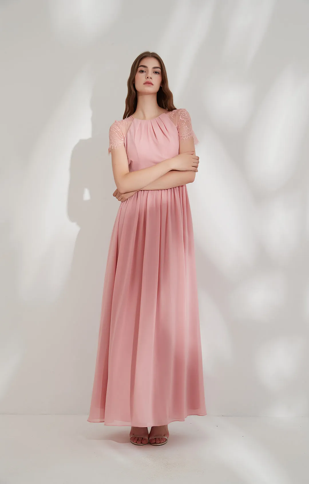 Cut-out Back Lace Short Sleeve Floor-length Chiffon Bridesmaid Dresses