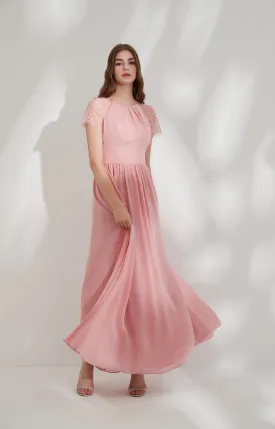 Cut-out Back Lace Short Sleeve Floor-length Chiffon Bridesmaid Dresses