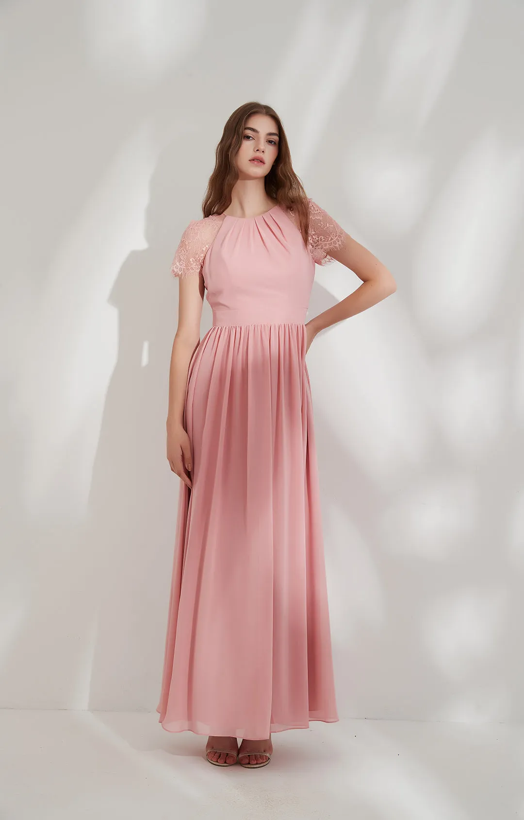 Cut-out Back Lace Short Sleeve Floor-length Chiffon Bridesmaid Dresses