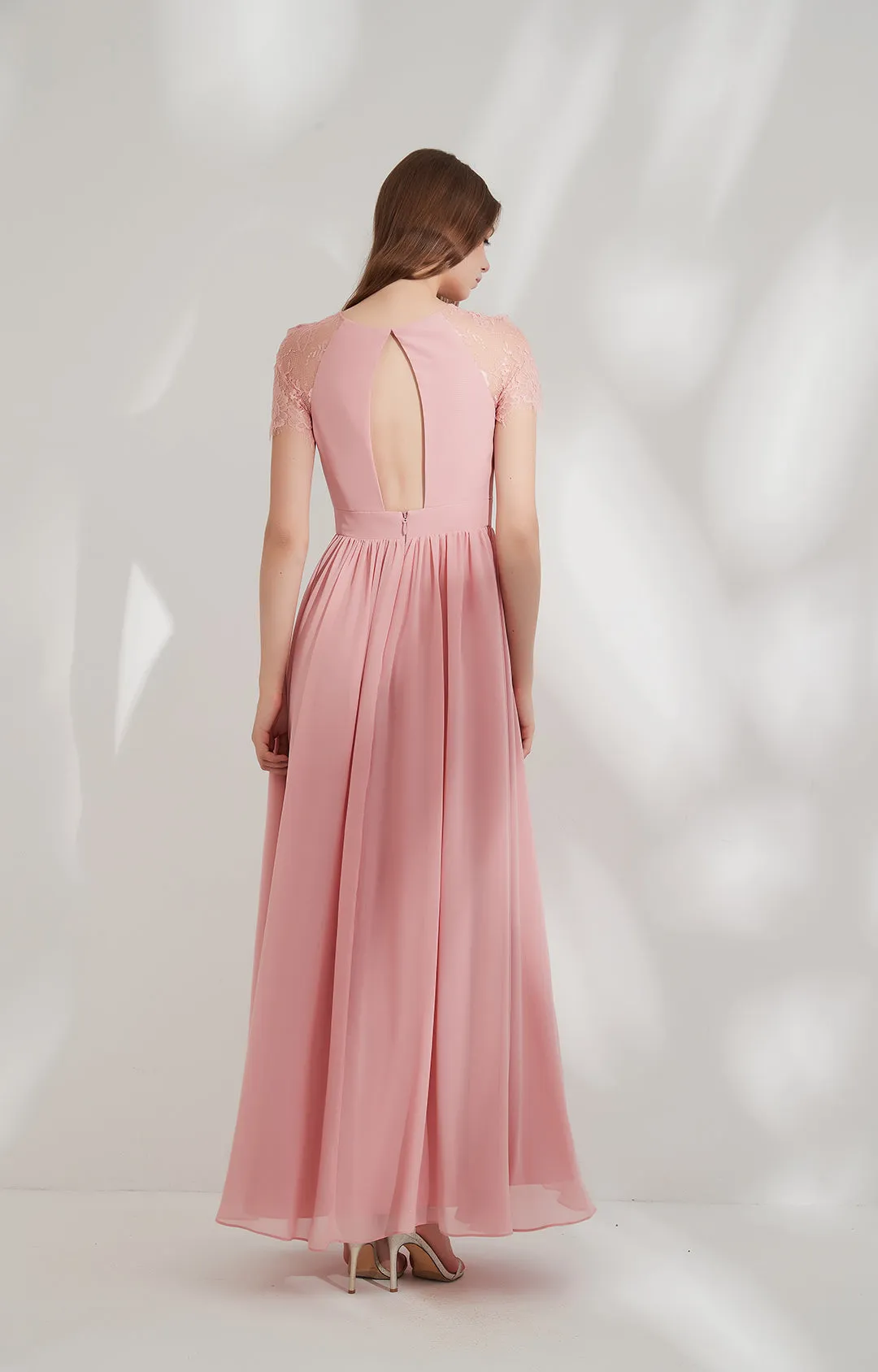 Cut-out Back Lace Short Sleeve Floor-length Chiffon Bridesmaid Dresses