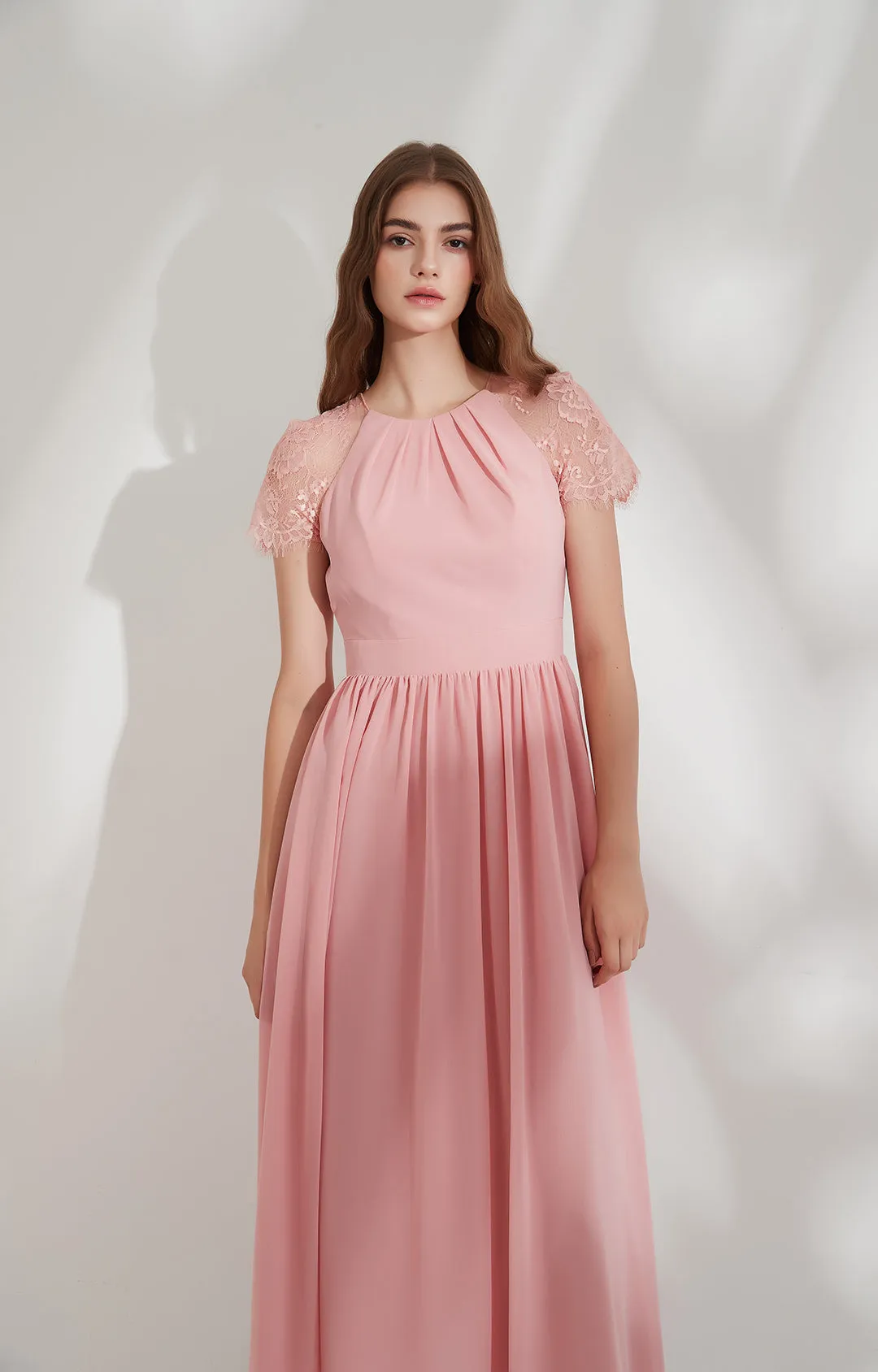 Cut-out Back Lace Short Sleeve Floor-length Chiffon Bridesmaid Dresses