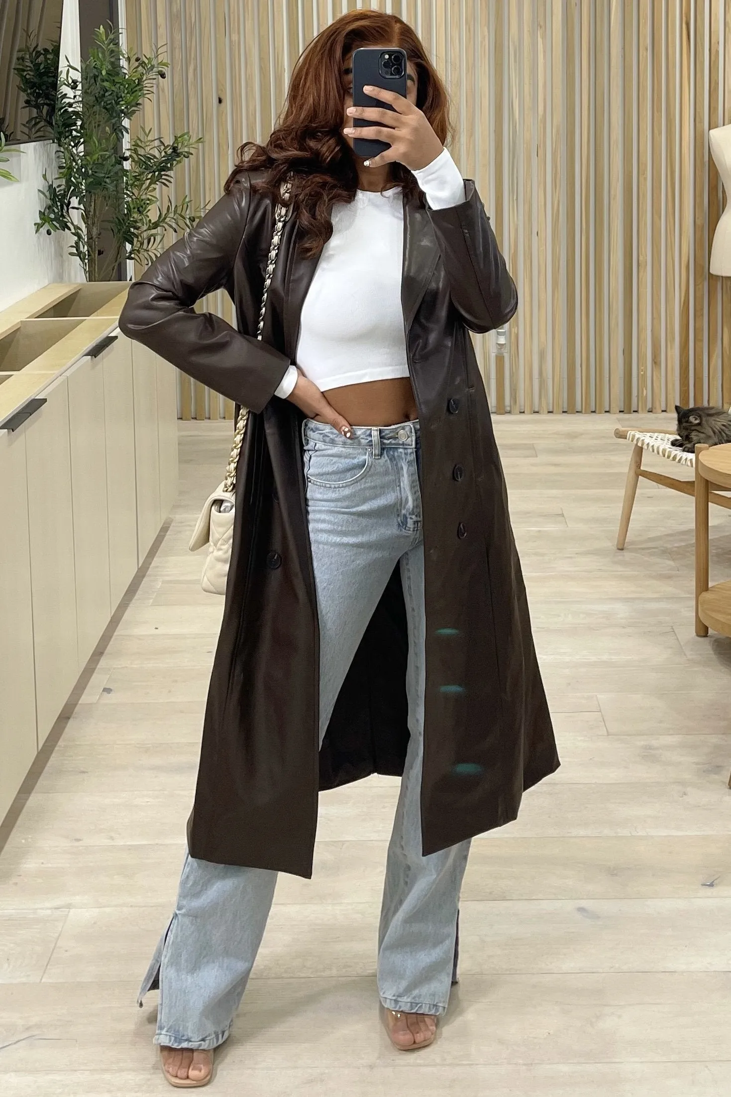Delaney Vegan Leather Trench Coat (Chocolate Brown)