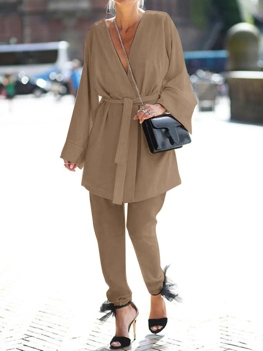 Fashion Casual Tie Solid Color V-neck Two-piece Suit