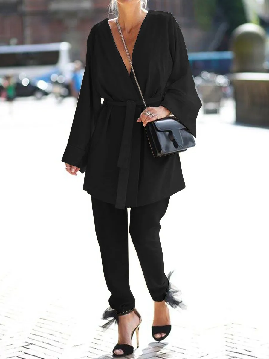 Fashion Casual Tie Solid Color V-neck Two-piece Suit