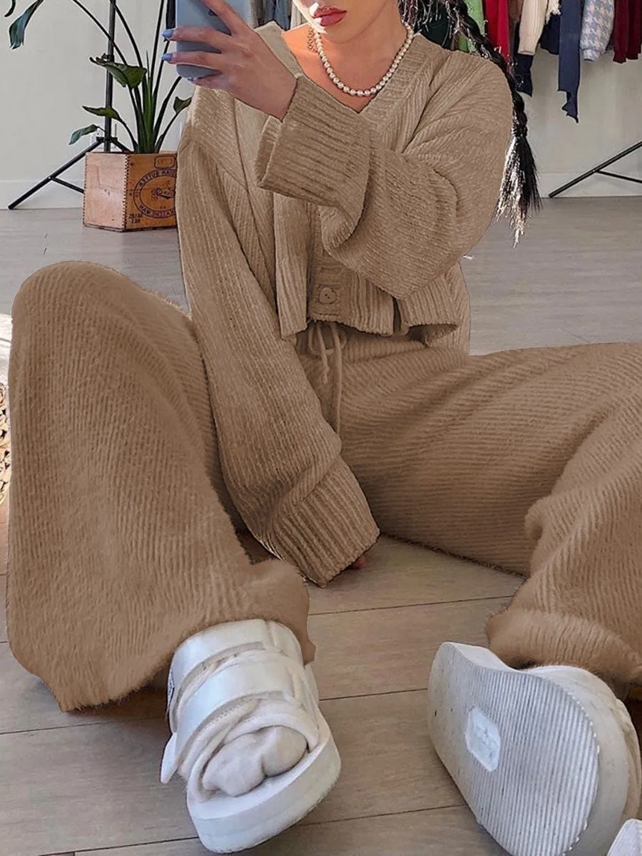 Fashion Casual V-neck Long Sleeve Solid Color Two-piece Suit