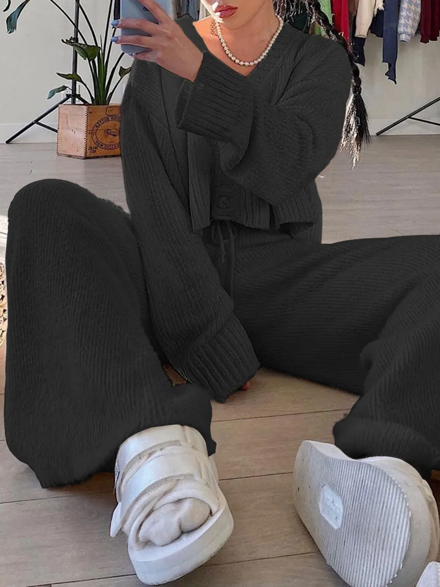 Fashion Casual V-neck Long Sleeve Solid Color Two-piece Suit