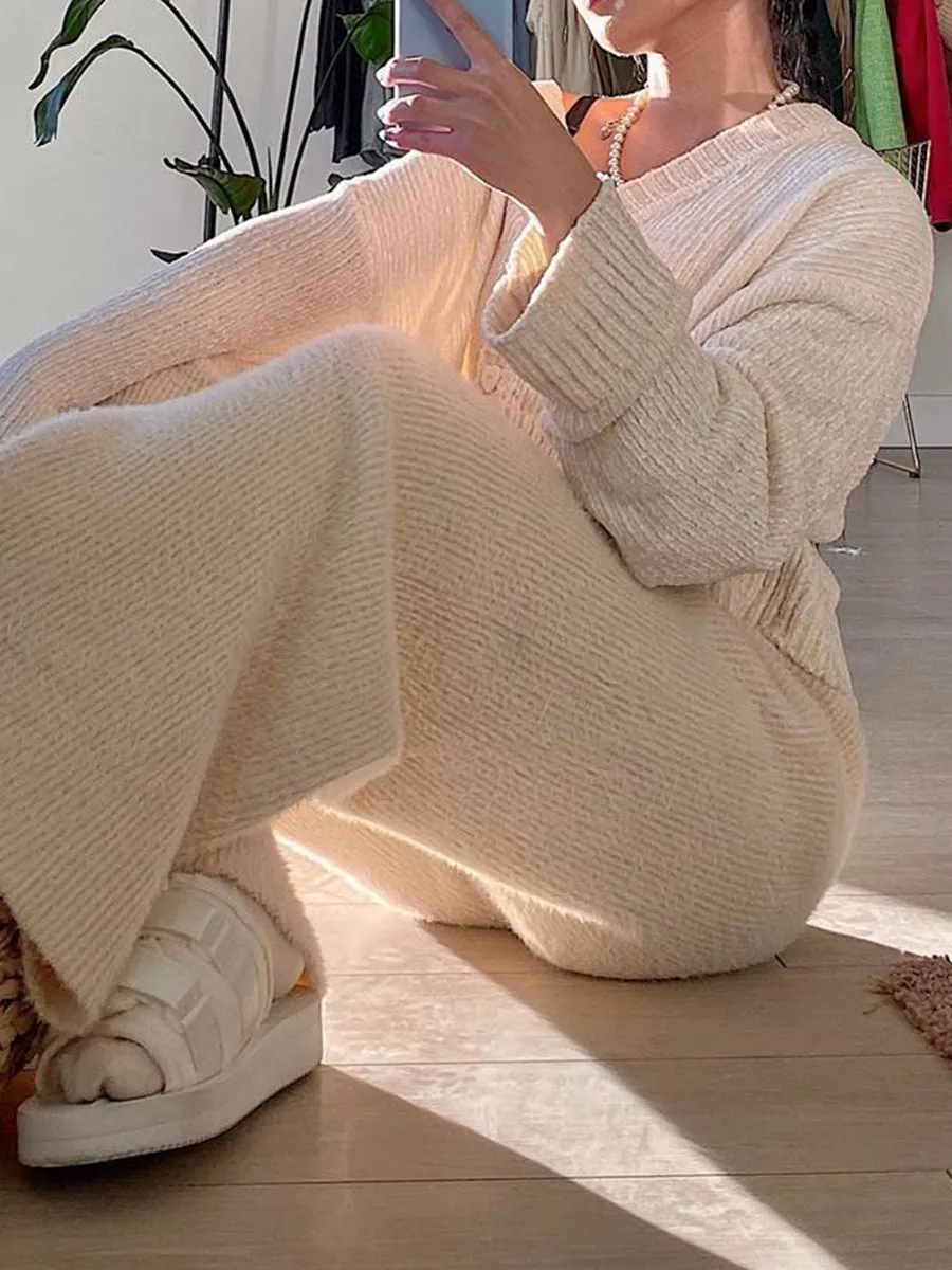 Fashion Casual V-neck Long Sleeve Solid Color Two-piece Suit