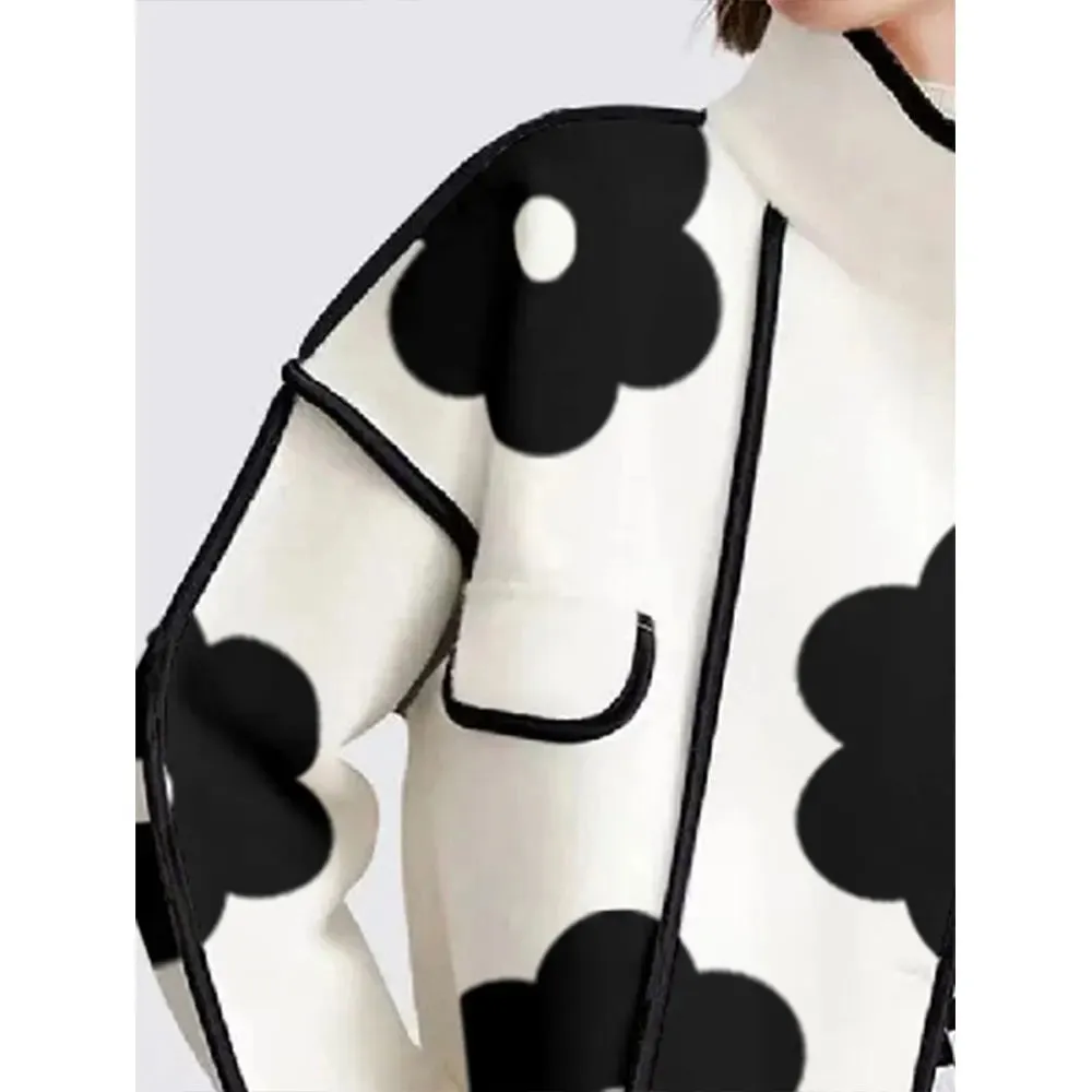 Fashionkova Long Sleeves Loose Contrast Color Flower Print Split-Joint Stand Collar Jackets Outerwear Woolen Coat