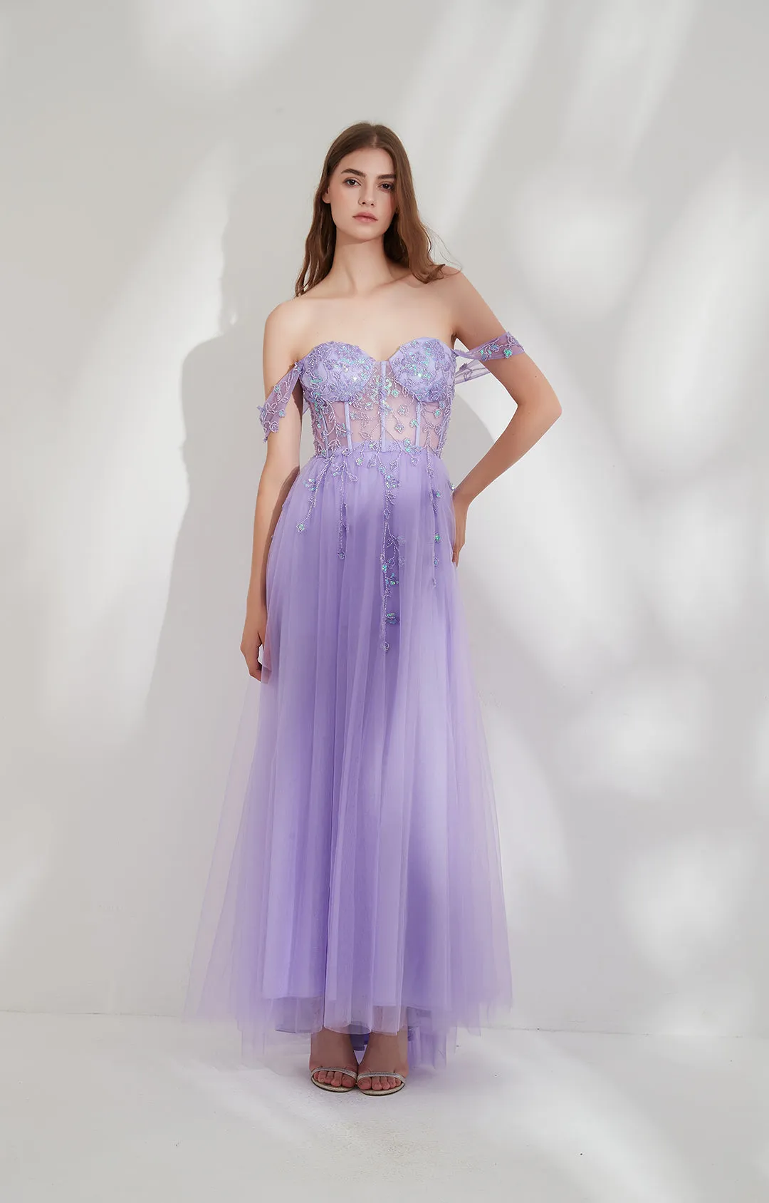 Heart Neckline Off-Shoulder Beads Appliqued Embroidered Prom Dresses