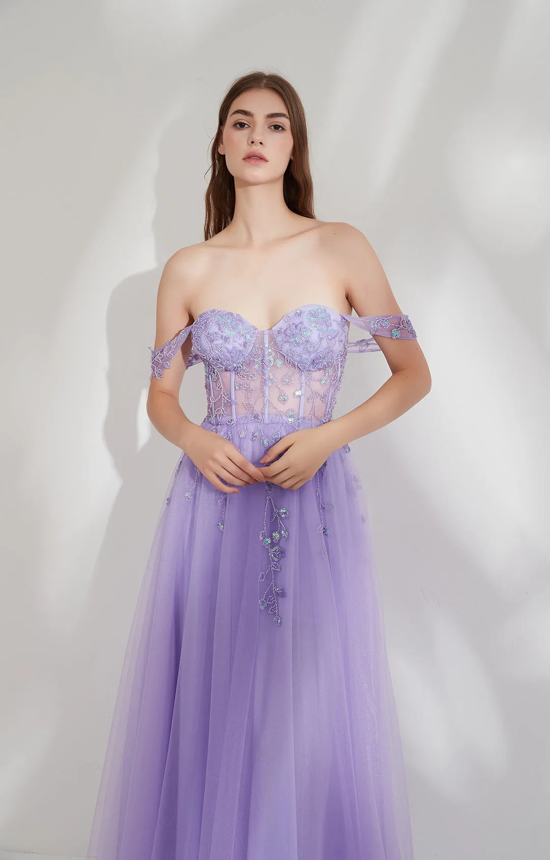 Heart Neckline Off-Shoulder Beads Appliqued Embroidered Prom Dresses