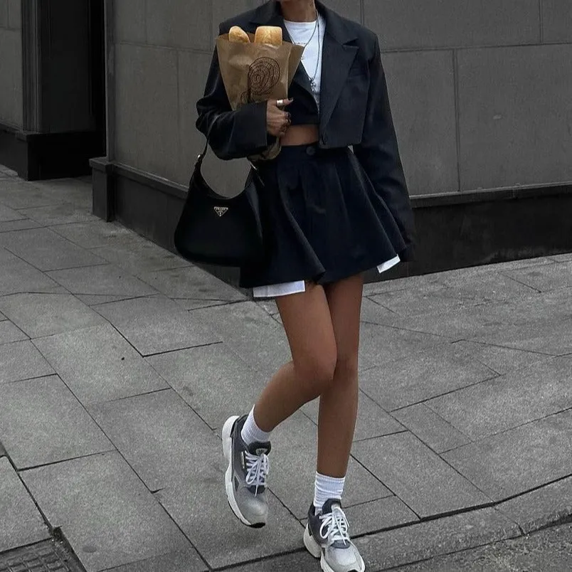 High Waist Short Skirt Long Sleeve Top Two-piece Suit