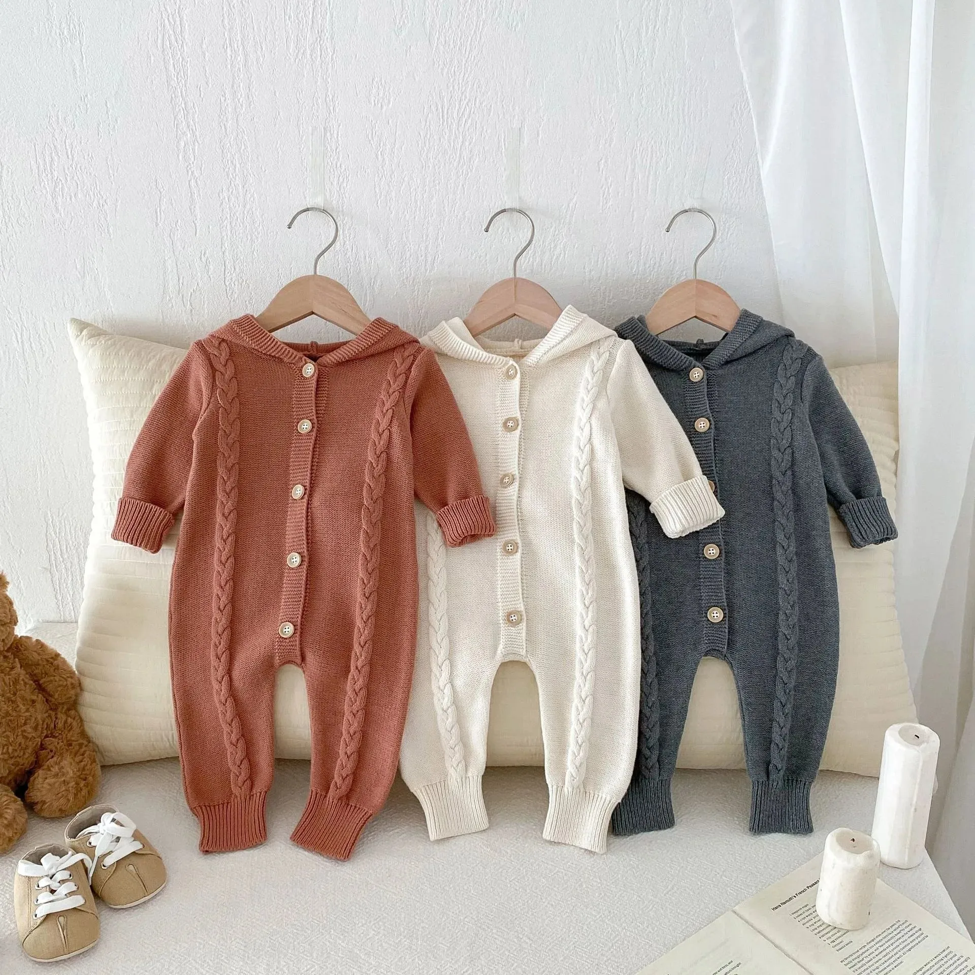 Hooded Button-Down Knit Romper