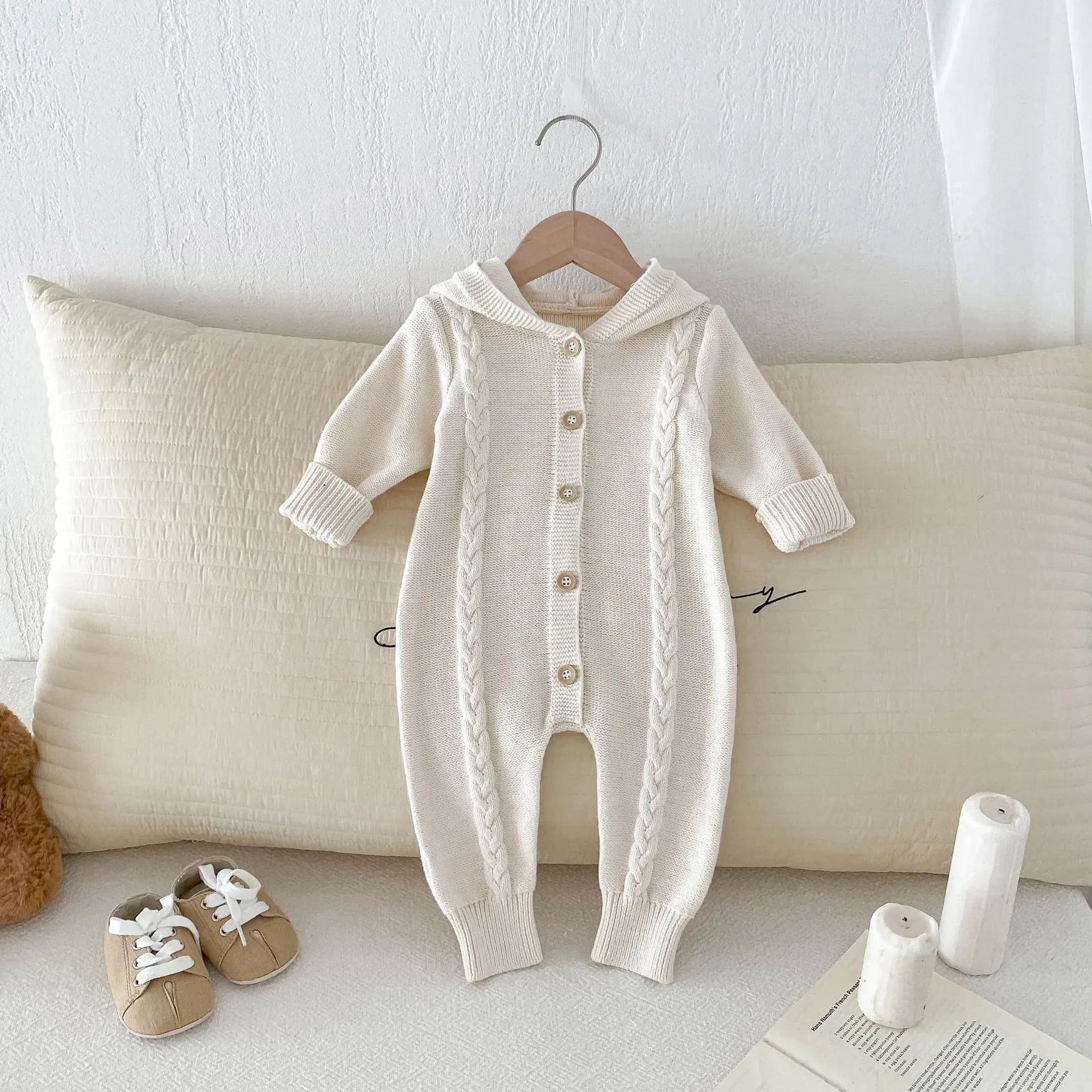 Hooded Button-Down Knit Romper