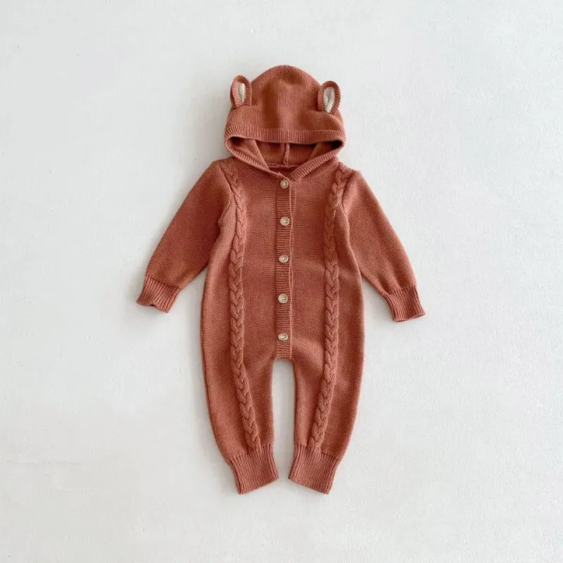 Hooded Button-Down Knit Romper