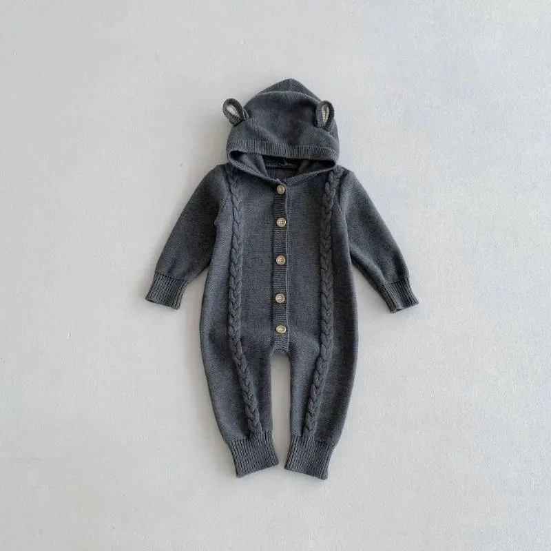 Hooded Button-Down Knit Romper