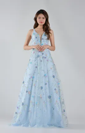 Lace-Up Straps Deep V-Neck Floral Sequin A-Line Dresses