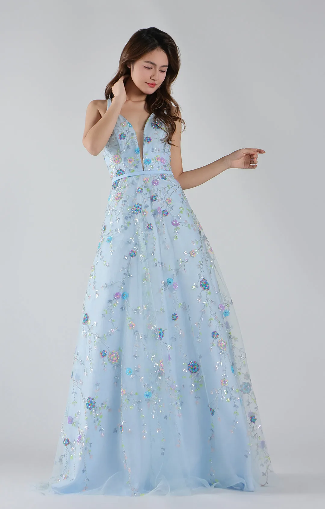 Lace-Up Straps Deep V-Neck Floral Sequin A-Line Dresses