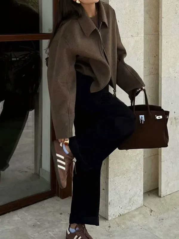 Long Sleeves Loose Solid Color Split-Joint Zipper Lapel Outerwear Woolen Coat