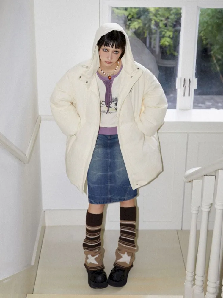 Loose mid-length embroidered hooded down jacket【s0000010094】