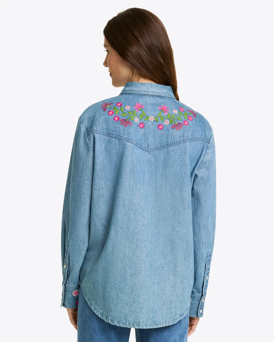 Lynn Embroidered Long Sleeve Top in Denim