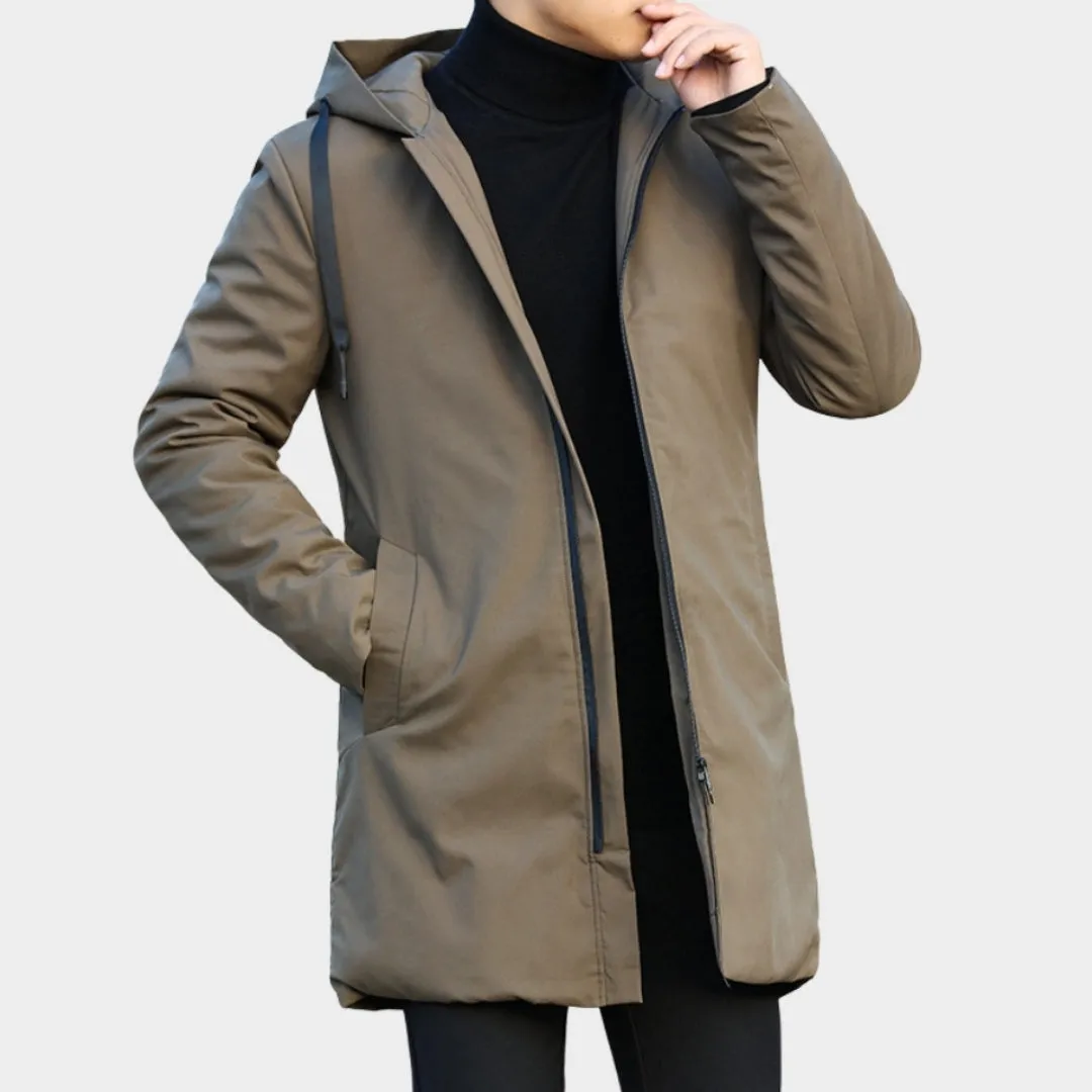 Mens Hooded Trench Coat - Warm Thicken Windbreaker, Casual Autumn Winter Jacket, Black, Brown
