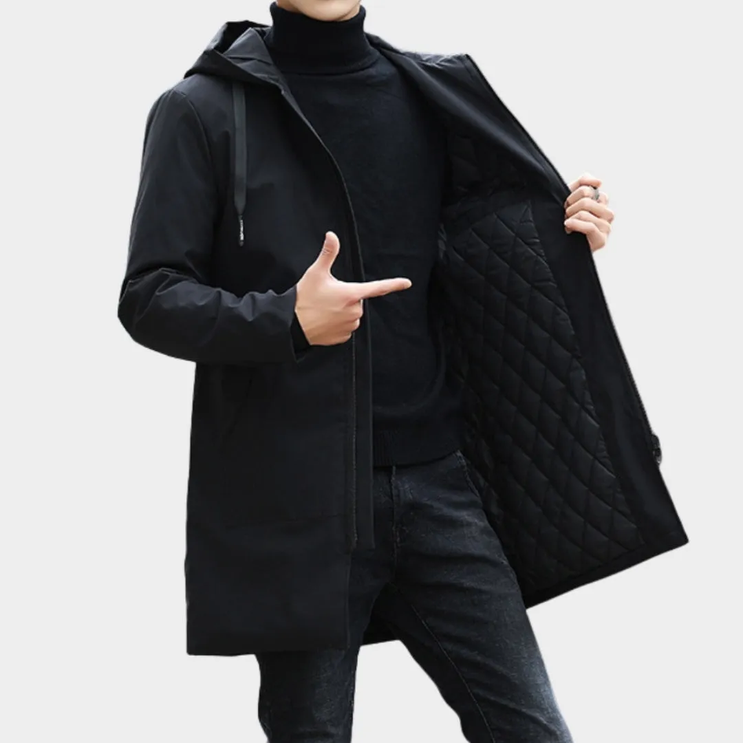 Mens Hooded Trench Coat - Warm Thicken Windbreaker, Casual Autumn Winter Jacket, Black, Brown