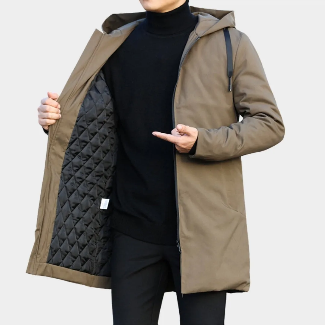 Mens Hooded Trench Coat - Warm Thicken Windbreaker, Casual Autumn Winter Jacket, Black, Brown