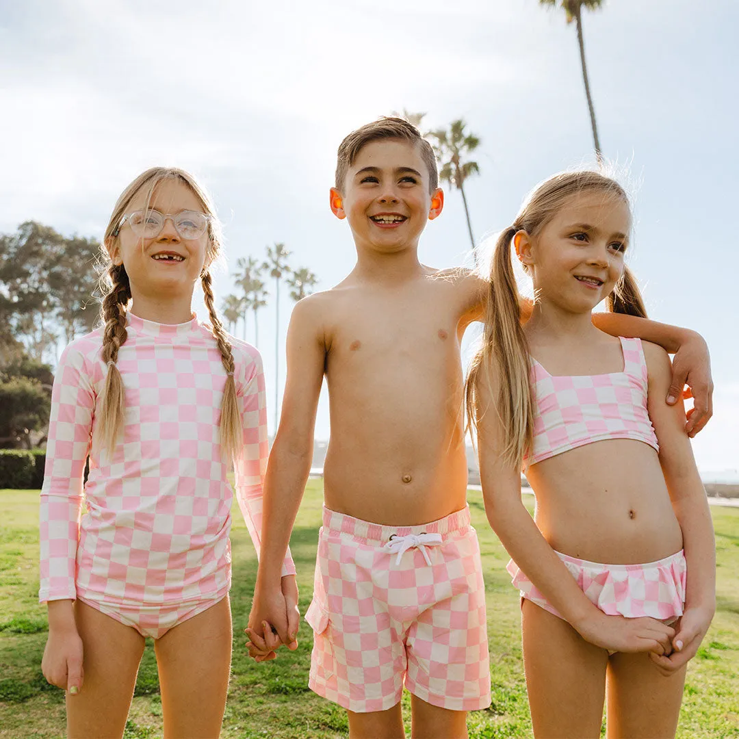 Mini Rash Guard Two-Piece Set, Pink Check