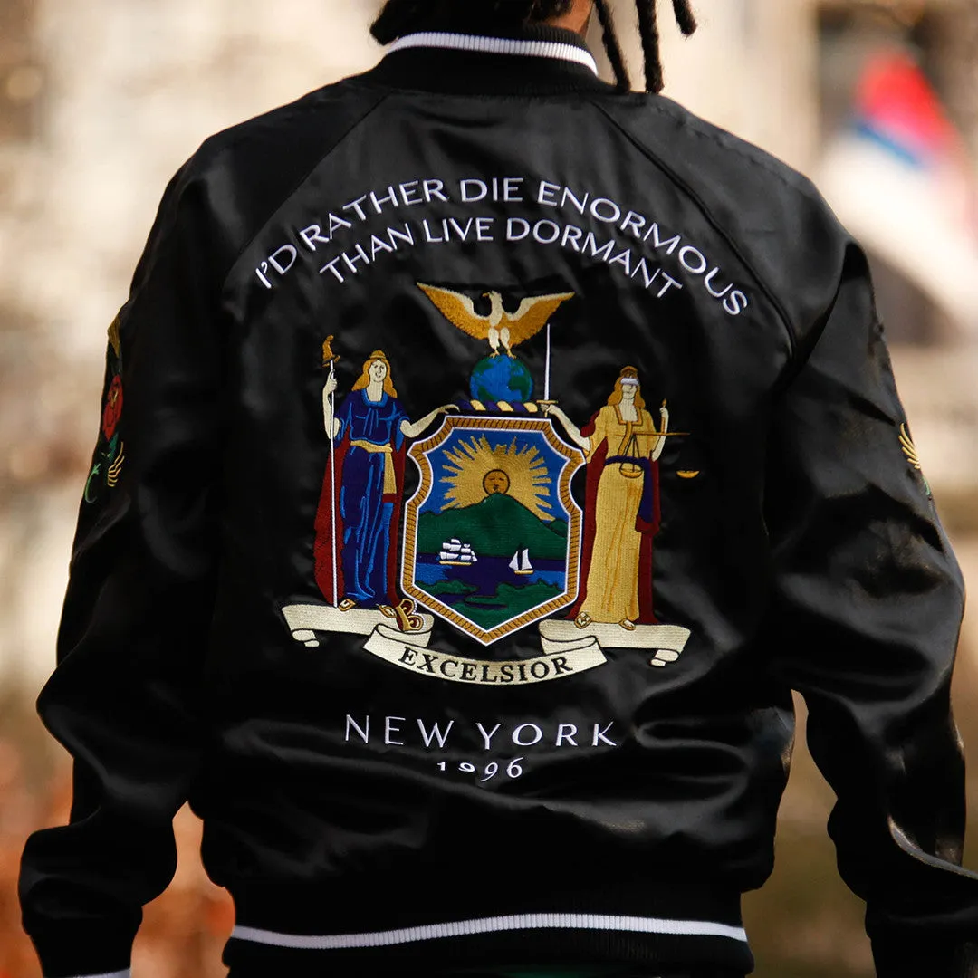 New York Black Satin Embroidery Bomber Souvenir Jacket