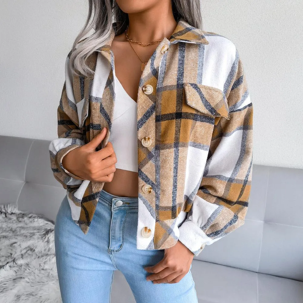 Plaid lantern long sleeve woolen coat jacket women's clothing