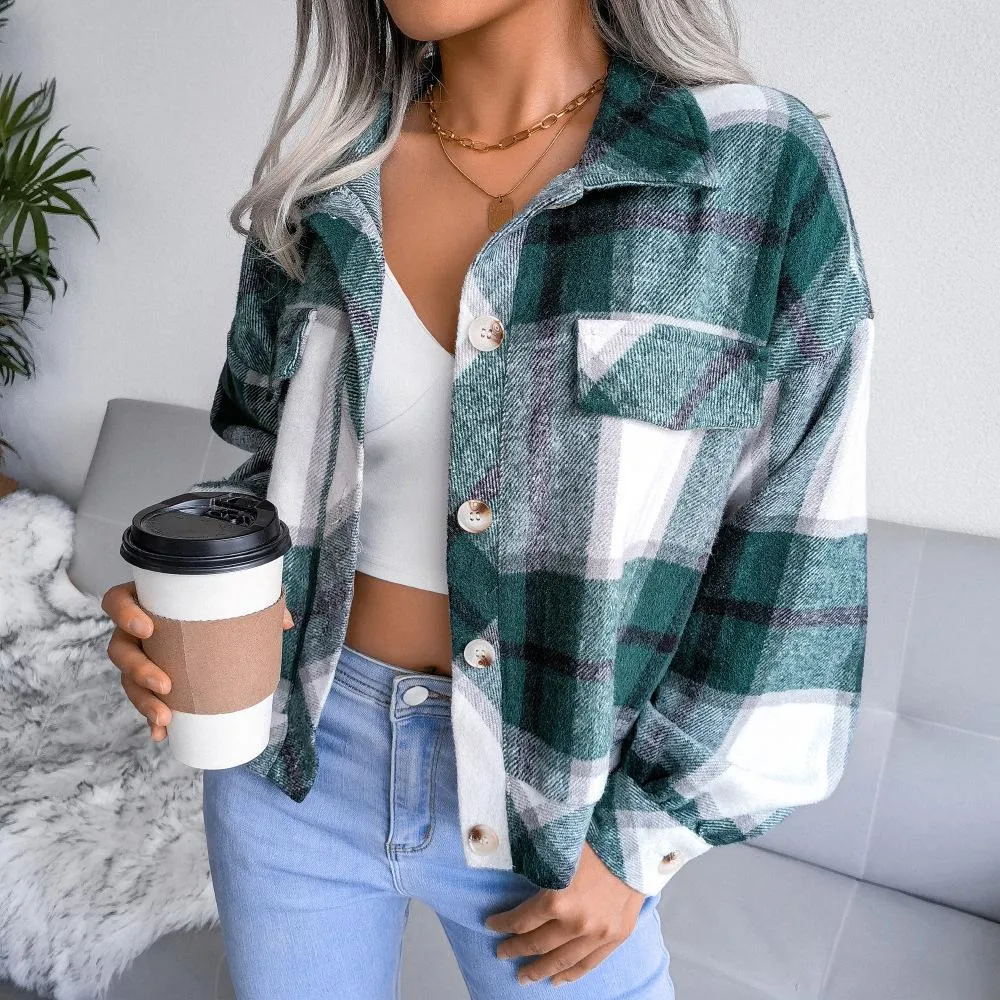 Plaid lantern long sleeve woolen coat jacket women's clothing