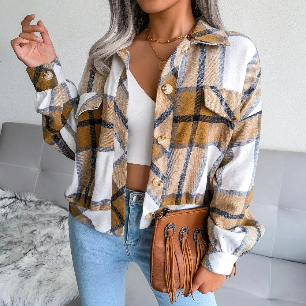 Plaid lantern long sleeve woolen coat jacket women's clothing