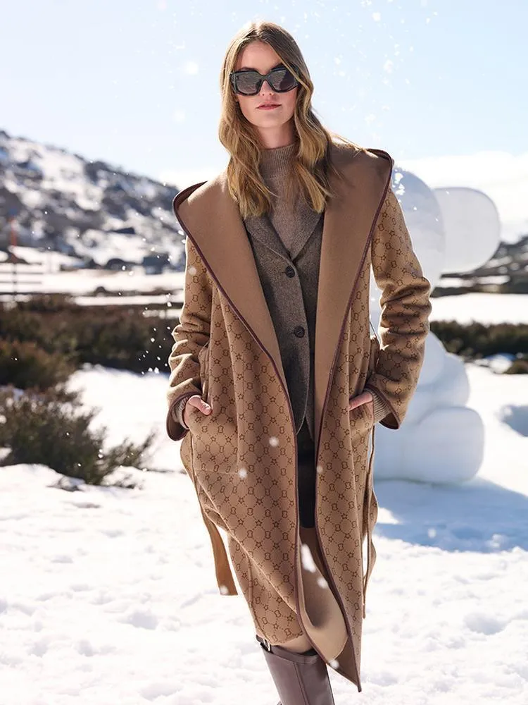 Pure Wool Reversible Hooded Printed Coat