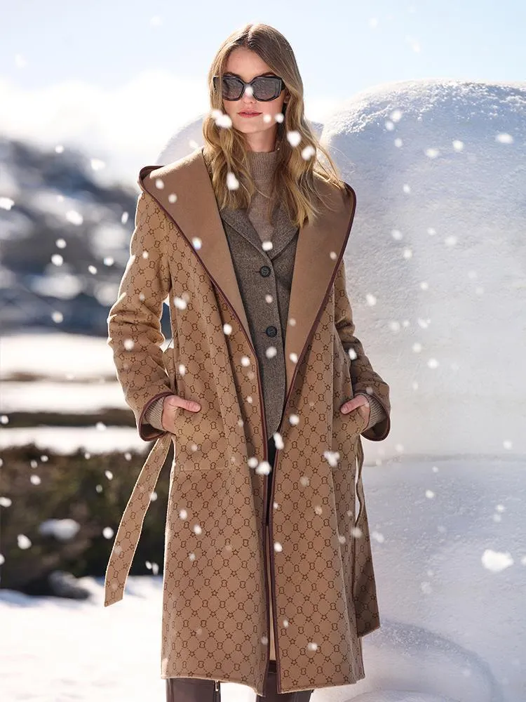 Pure Wool Reversible Hooded Printed Coat