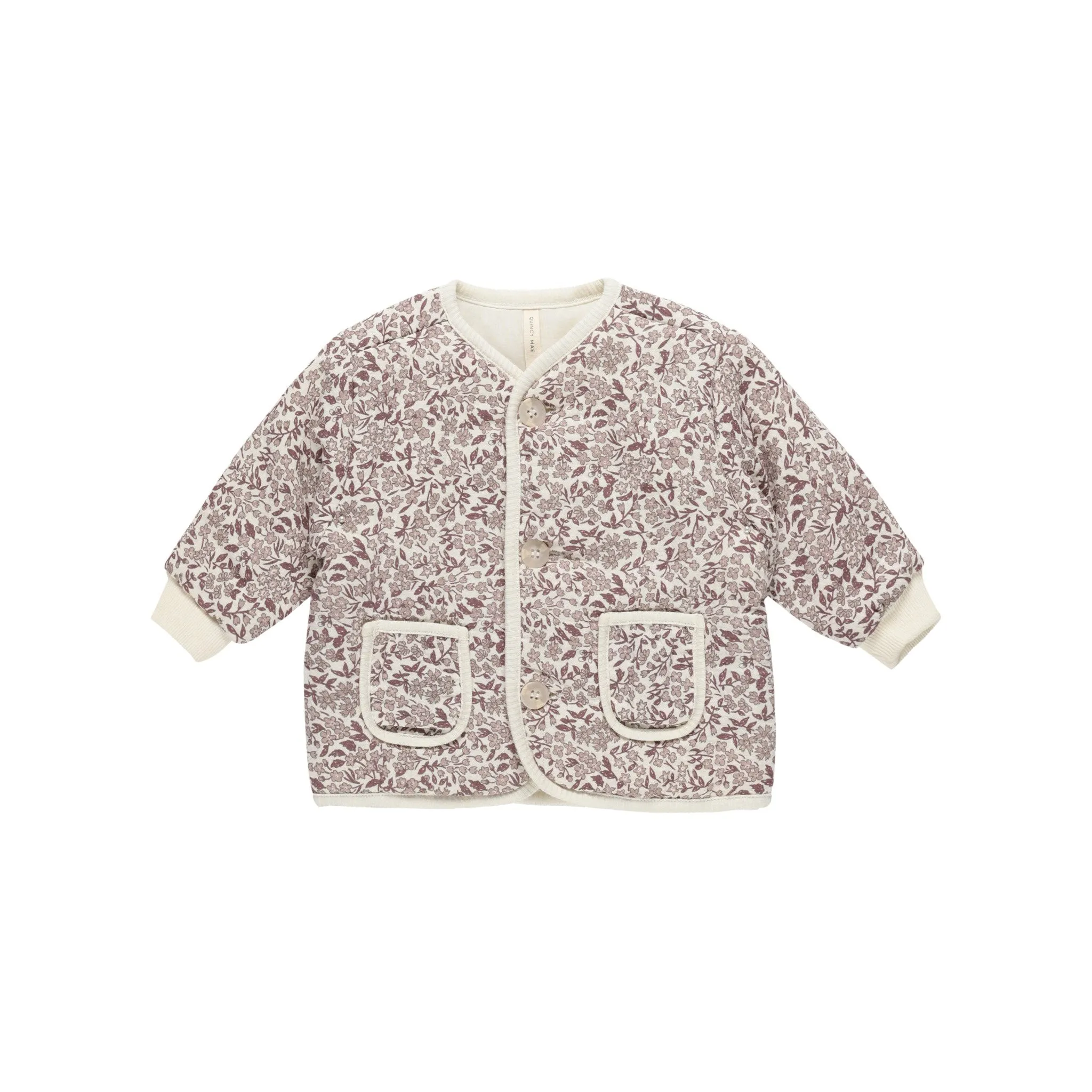 Quincy Mae Quilted V-Neck Button Jacket - Mauve Ditsy
