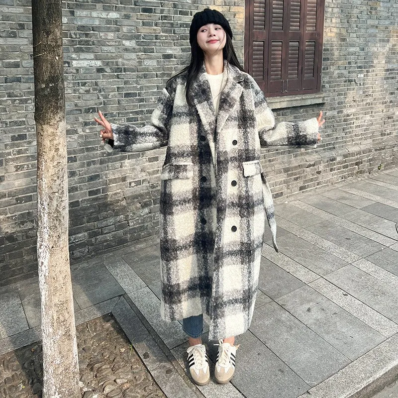 Retro plaid woolen coat women's autumn and winter Korean version loose and thick mid to long over the knee woolen coat