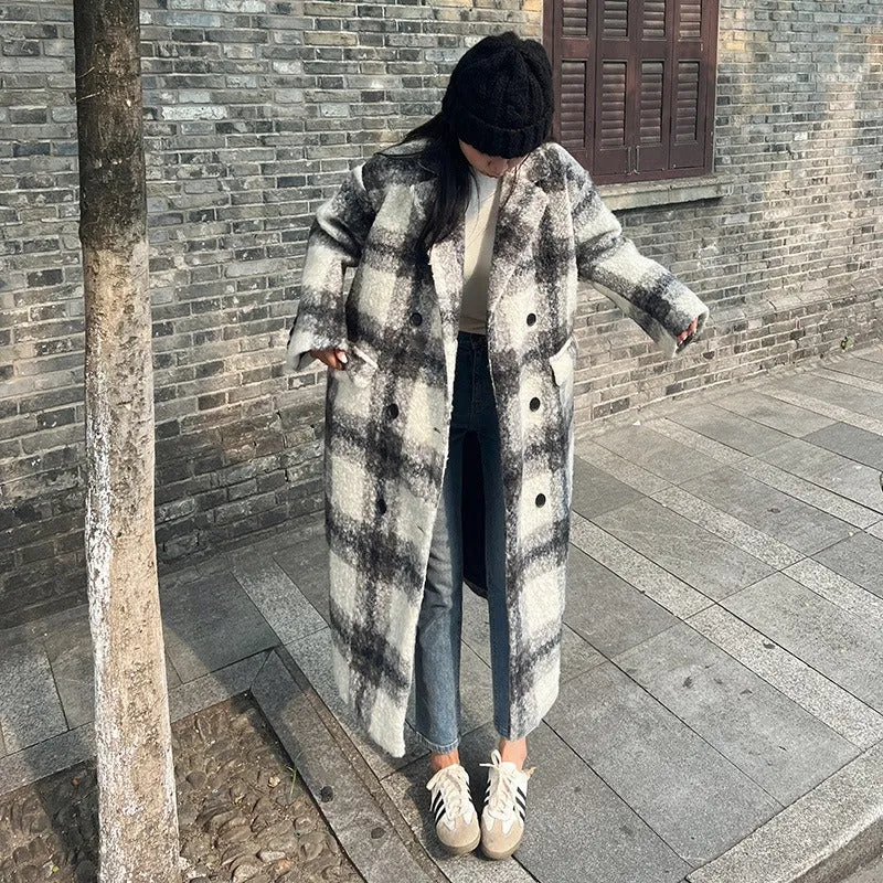 Retro plaid woolen coat women's autumn and winter Korean version loose and thick mid to long over the knee woolen coat