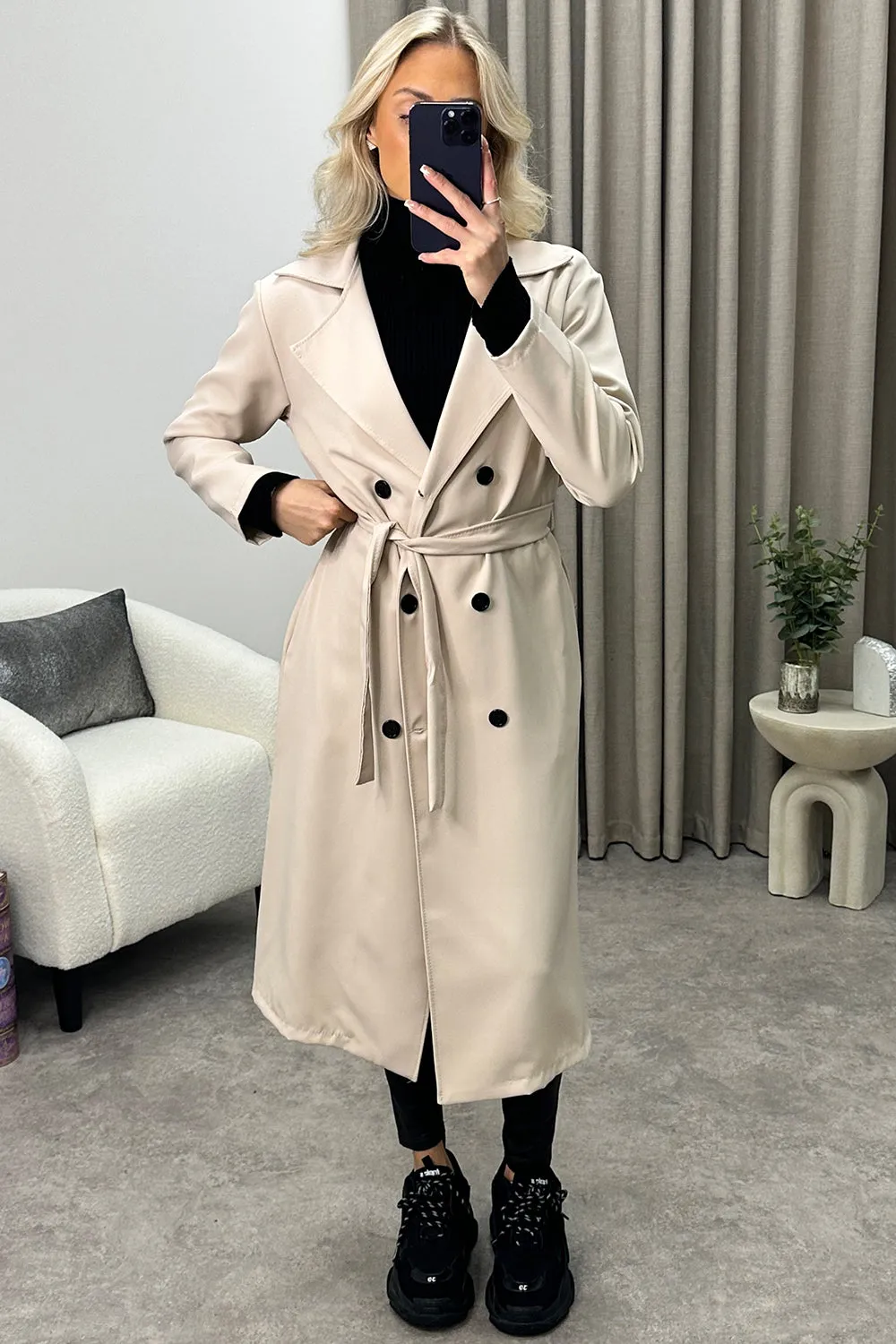 Sharleen Beige Button Up Belted Trench Longline Coat