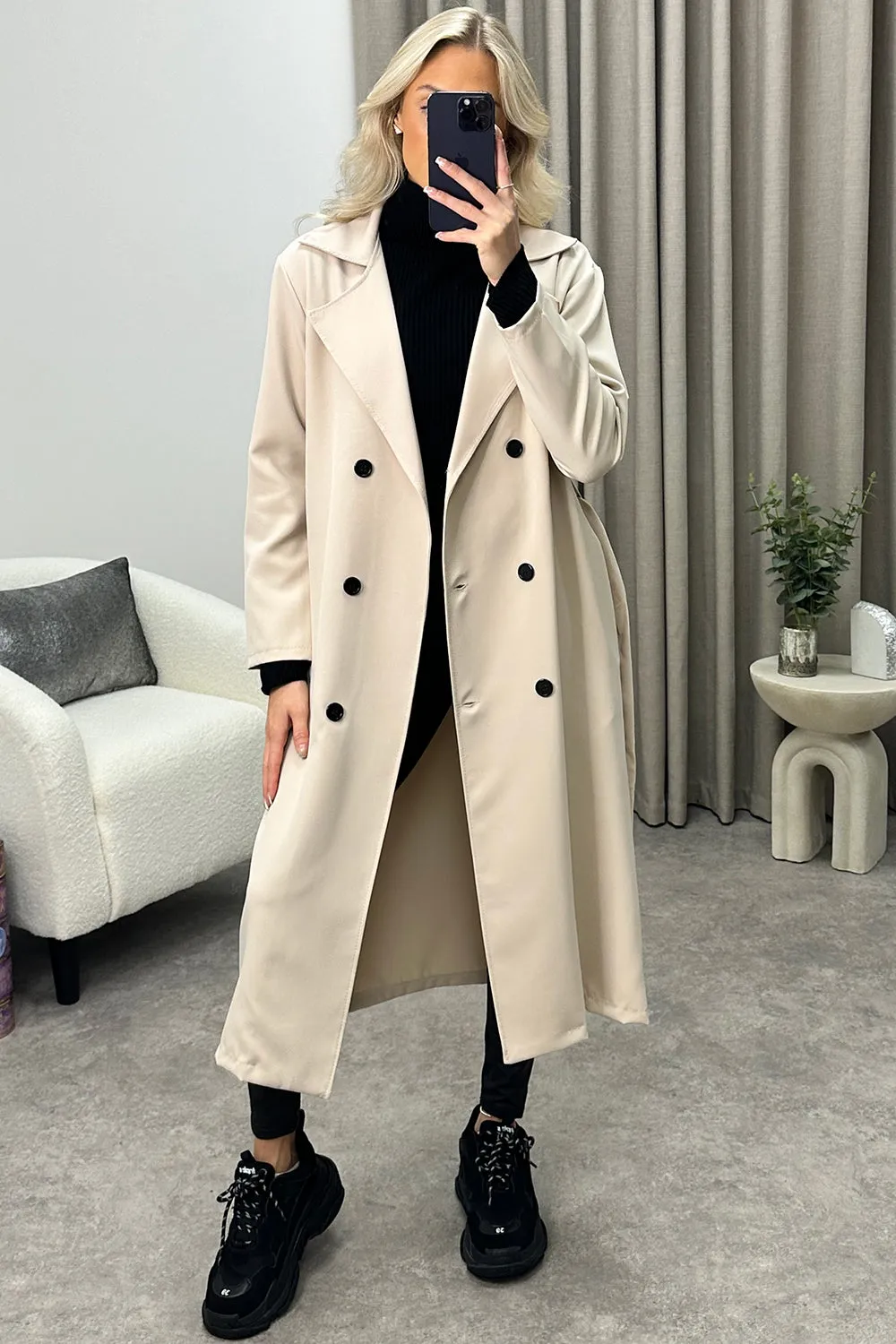 Sharleen Beige Button Up Belted Trench Longline Coat