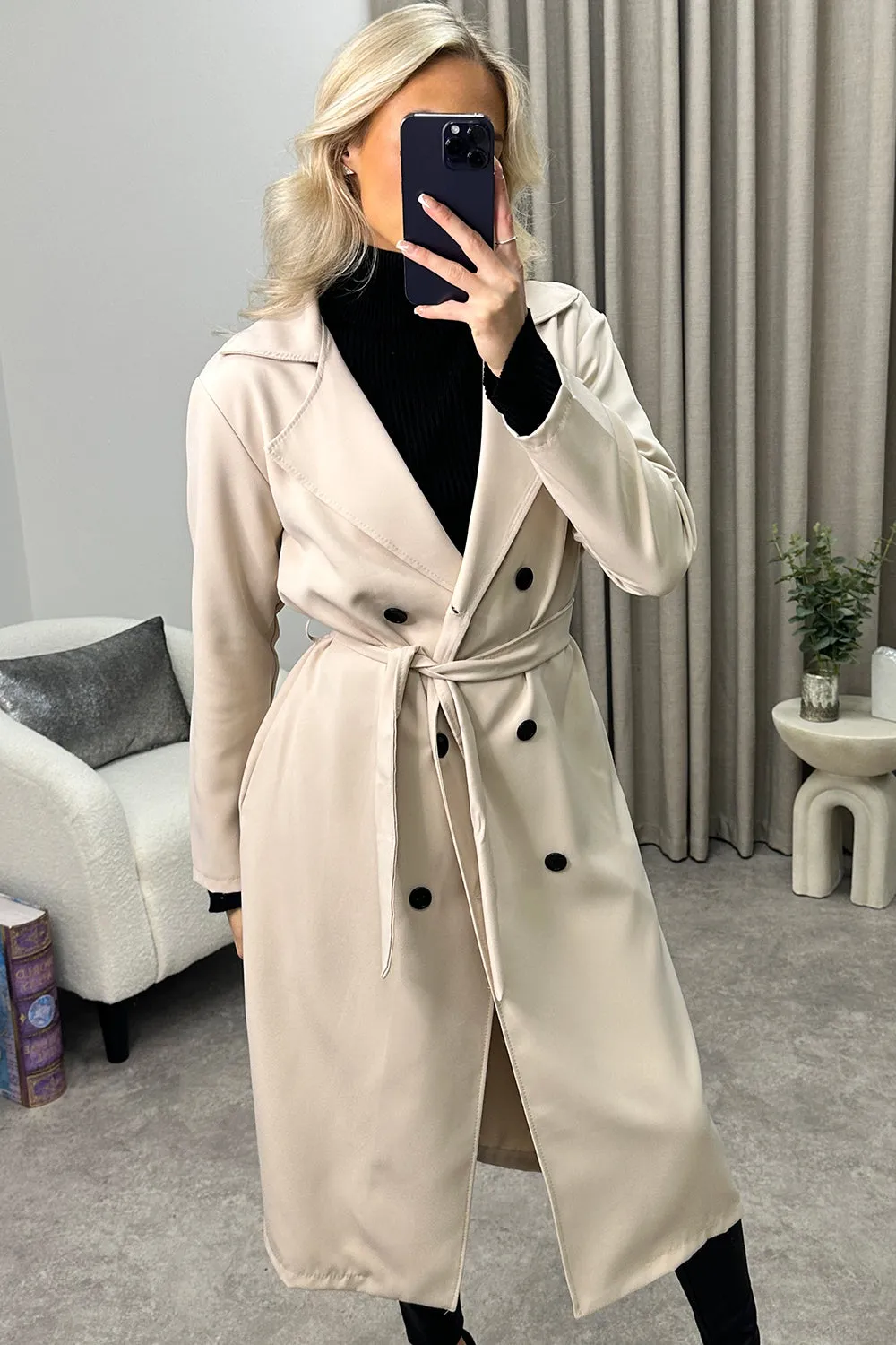 Sharleen Beige Button Up Belted Trench Longline Coat