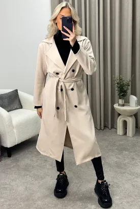 Sharleen Beige Button Up Belted Trench Longline Coat