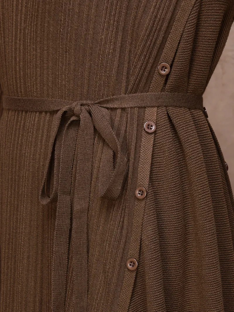 Solid Color Collar A-Line Dress with Thin Belt for Women
