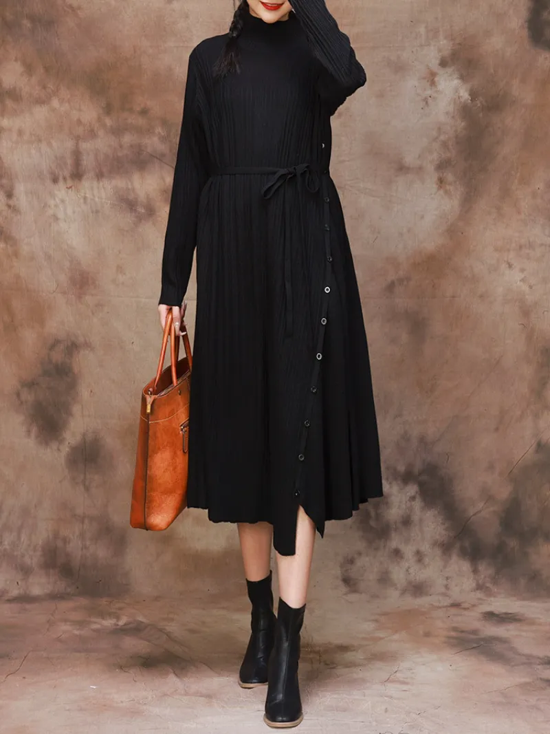 Solid Color Collar A-Line Dress with Thin Belt for Women