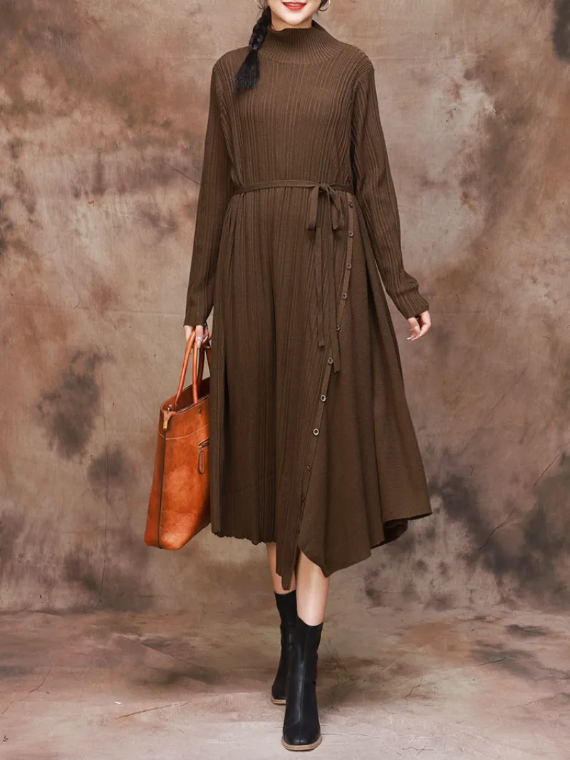 Solid Color Collar A-Line Dress with Thin Belt for Women