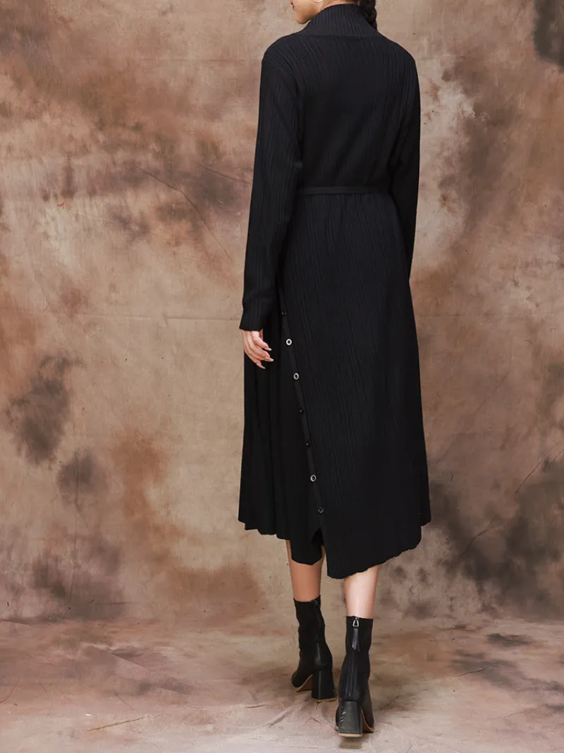Solid Color Collar A-Line Dress with Thin Belt for Women