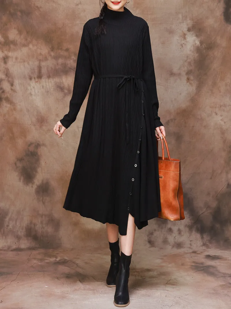 Solid Color Collar A-Line Dress with Thin Belt for Women