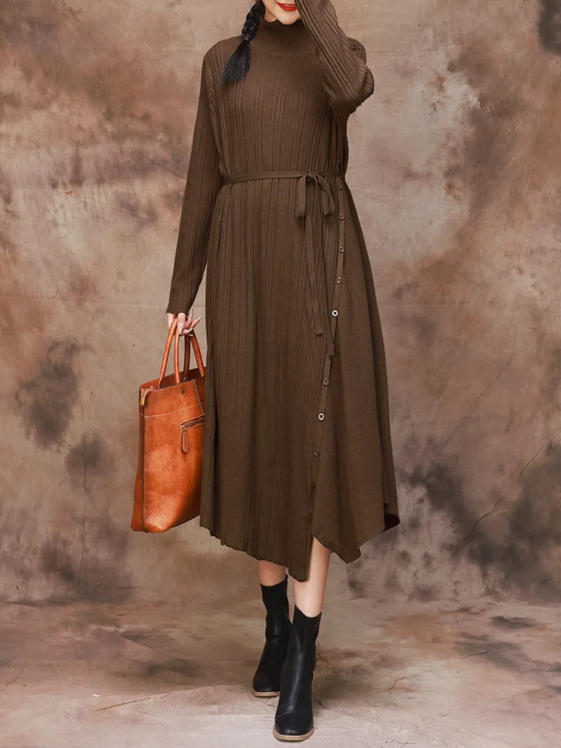 Solid Color Collar A-Line Dress with Thin Belt for Women