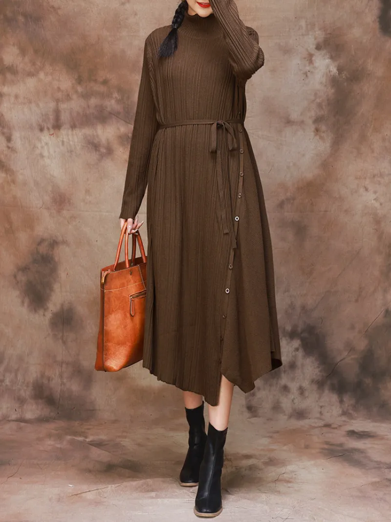 Solid Color Collar A-Line Dress with Thin Belt for Women