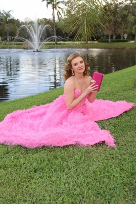 Strapless Lace Bodice Split Tulle Tiered Floor Length Dress