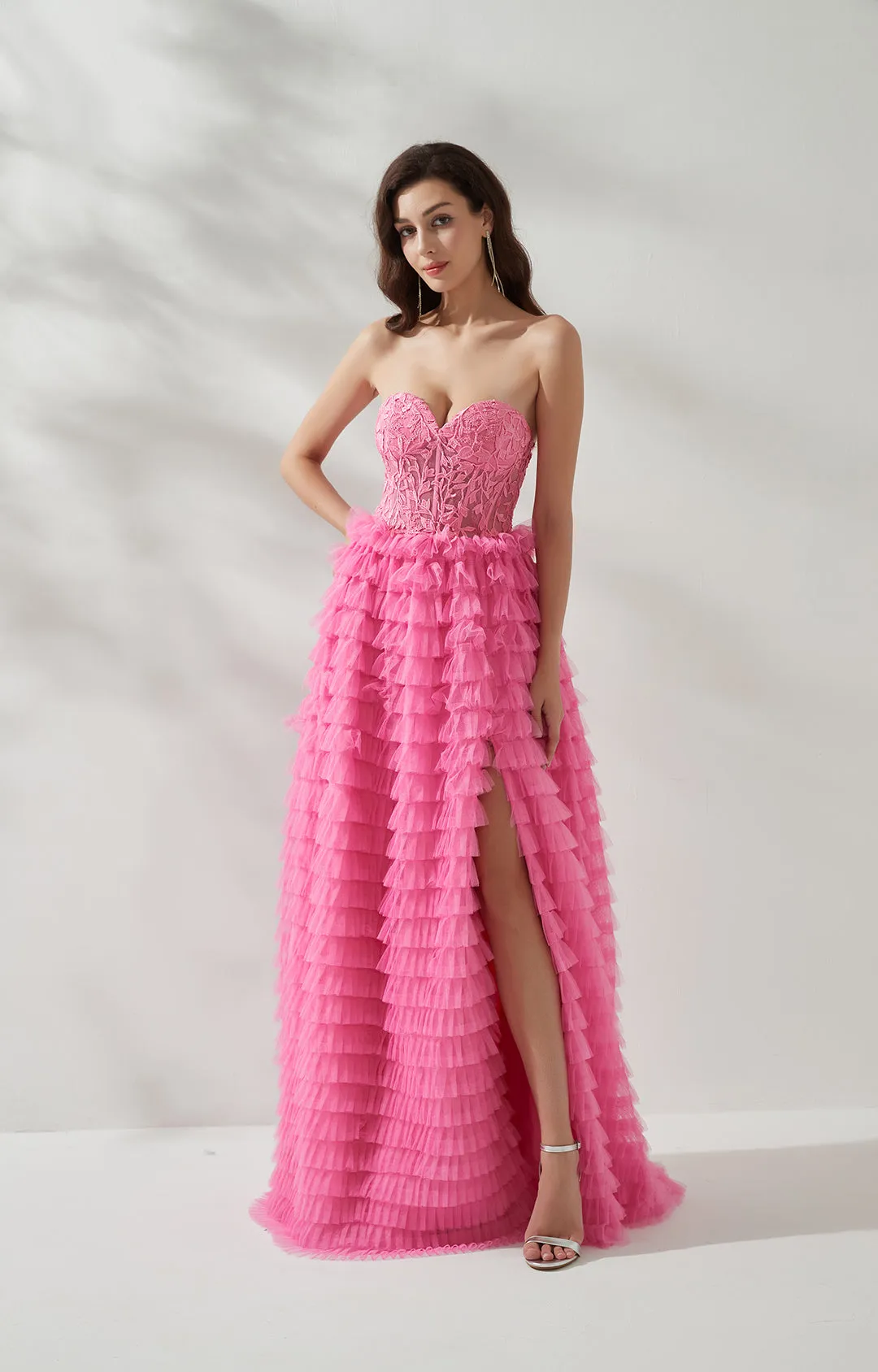 Strapless Lace Bodice Split Tulle Tiered Floor Length Dress